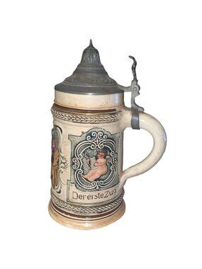 Vintage Blue Bei Spiel Und Sang Made In Germany 7" Pewter Lidded Beer Stein